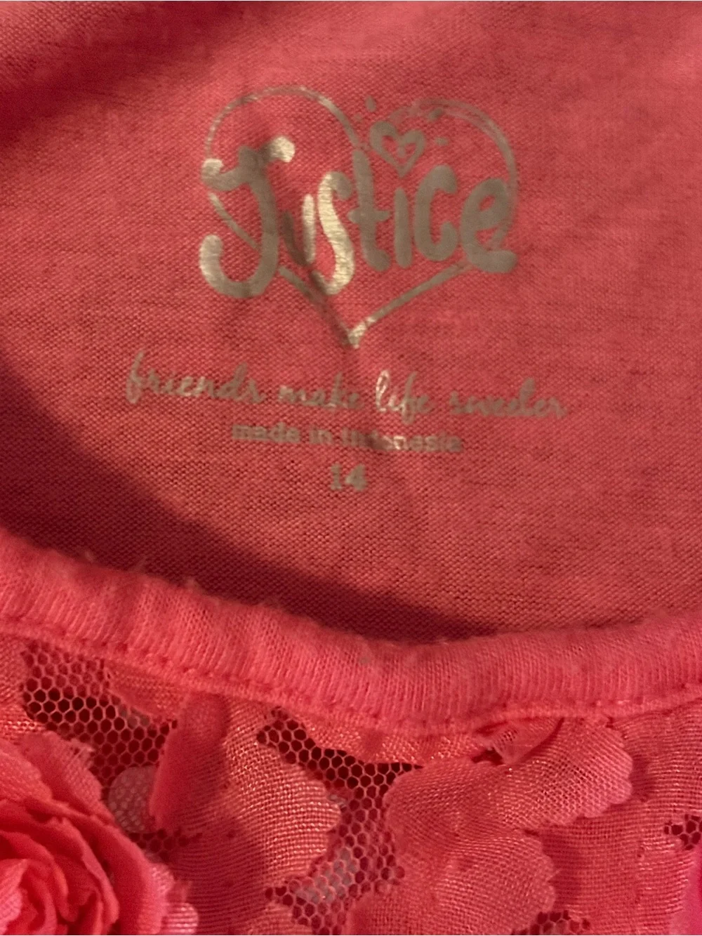 Justice Pink Floral Lace Tank with 3D Rosettes
